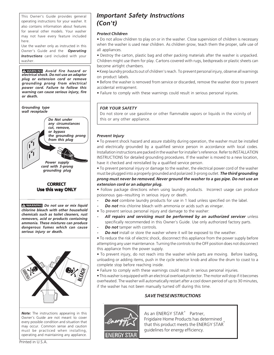 Important safety instructions (con't) | Electrolux - Gibson 134838000A User Manual | Page 3 / 11