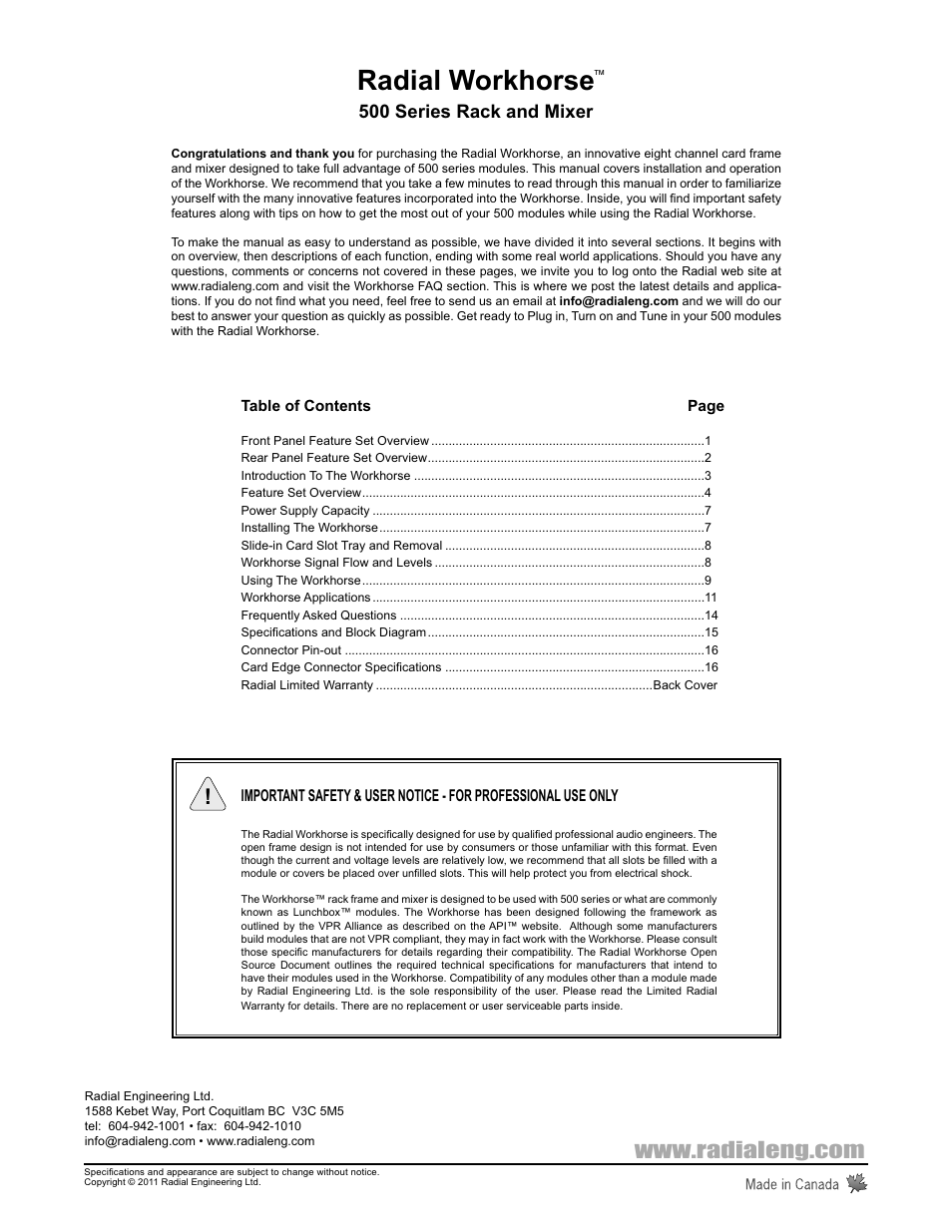 Radial workhorse, 500 series rack and mixer | Radial Engineering WORKHORSE 500 SERIES User Manual | Page 3 / 20