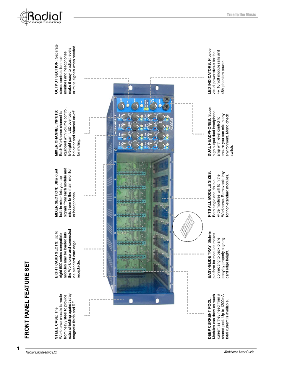 Front p anel fea ture set | Radial Engineering WORKHORSE 500 SERIES User Manual | Page 4 / 20