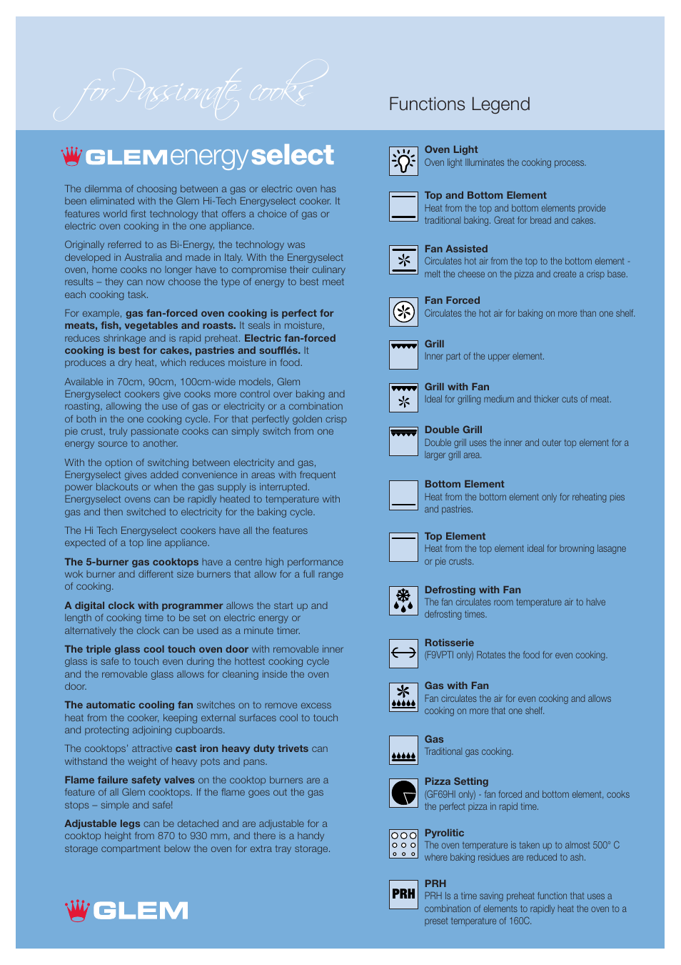 Forpassionate cooks, Energy select, Functions legend | Glem Gas:Emilia S76GGESIB User Manual | Page 3 / 16