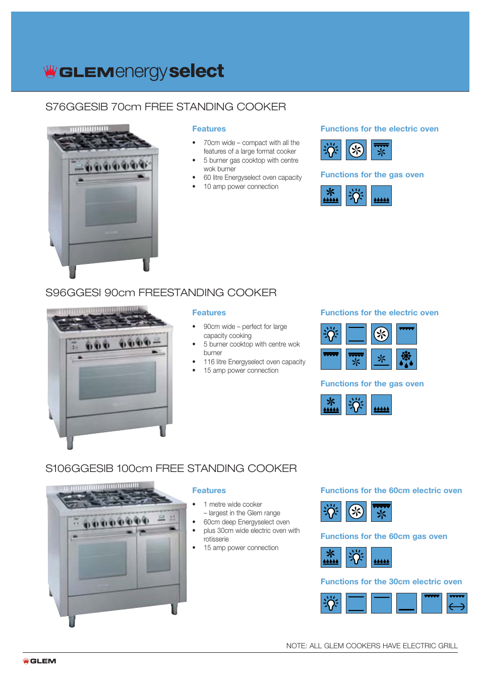 Energy select, S76ggesib 70cm free standing cooker, S96ggesi 90cm freestanding cooker | Glem Gas:Emilia S76GGESIB User Manual | Page 4 / 16