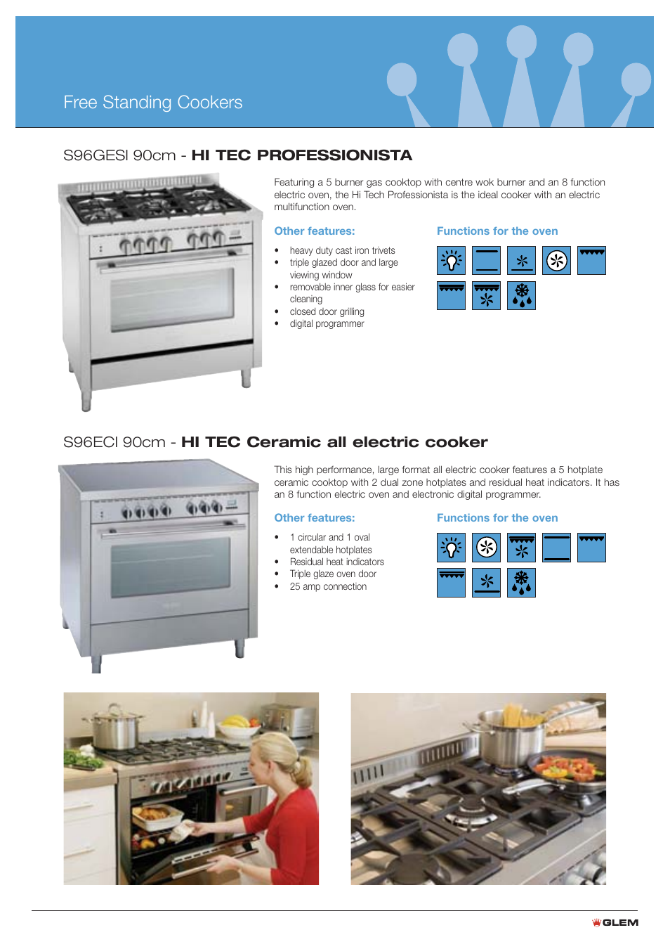 Free standing cookers, S96gesi 90cm - hi tec professionista, S96eci 90cm - hi tec ceramic all electric cooker | Glem Gas:Emilia S76GGESIB User Manual | Page 5 / 16