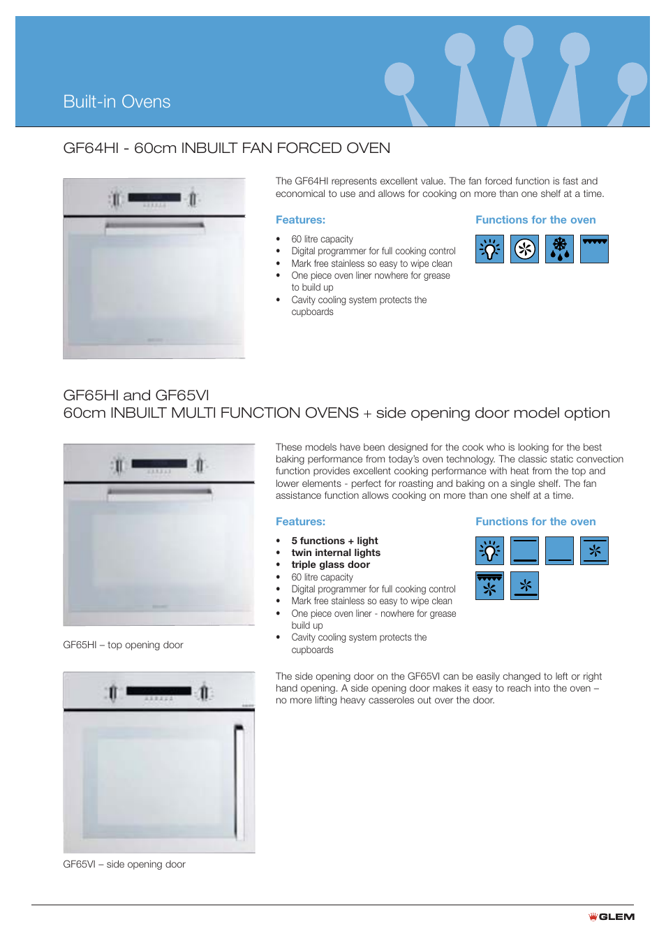Built-in ovens, Gf64hi - 60cm inbuilt fan forced oven | Glem Gas:Emilia S76GGESIB User Manual | Page 7 / 16