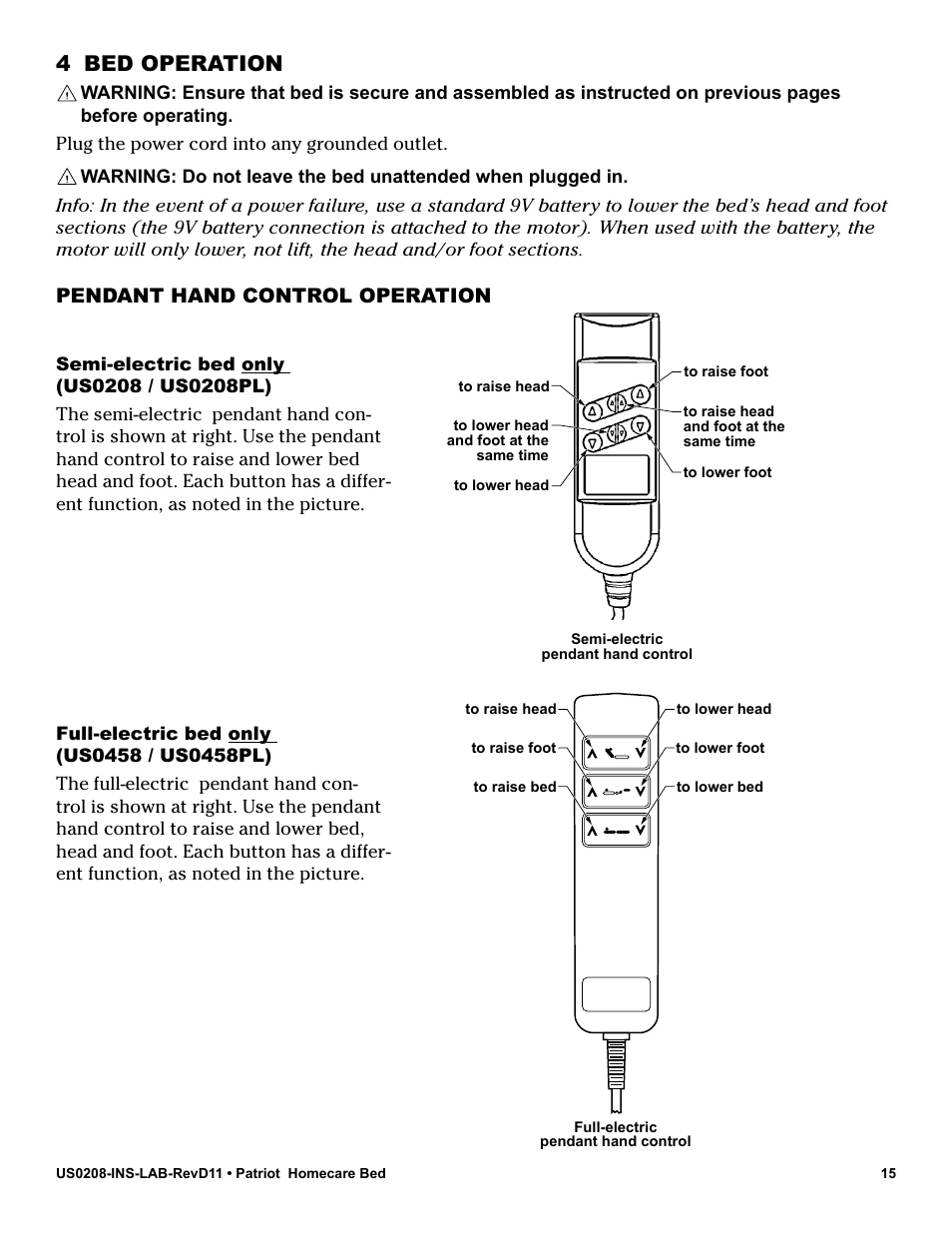 4 bed operation, Pendant hand control operation | Graham Field PATRIOT US0208 User Manual | Page 15 / 28