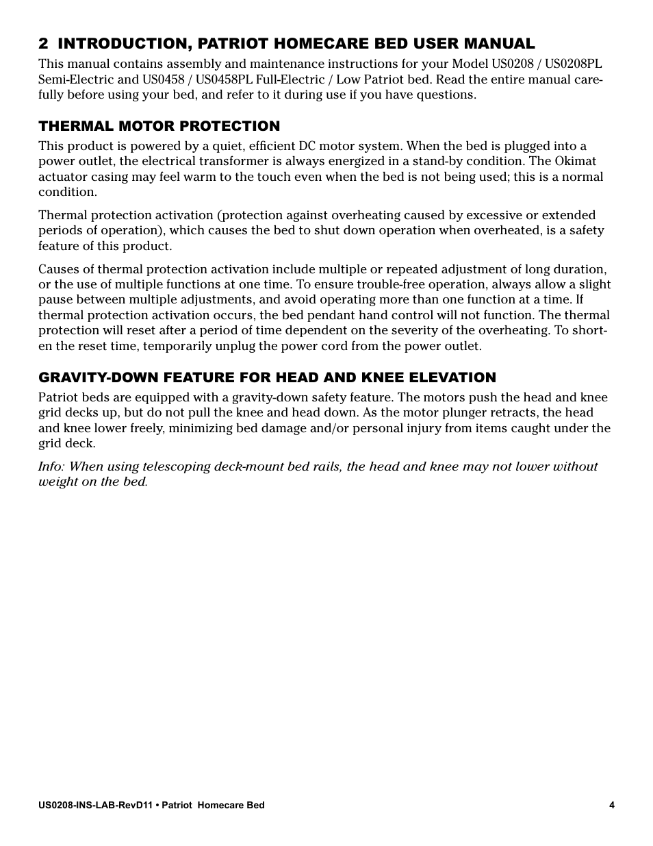 2 introduction, patriot homecare bed user manual, Thermal motor protection, Gravity-down feature for head and knee elevation | Graham Field PATRIOT US0208 User Manual | Page 4 / 28