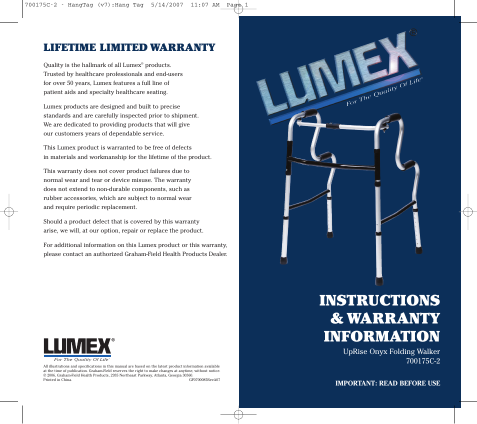 Graham Field LUMEX 700175C-2 User Manual | 2 pages