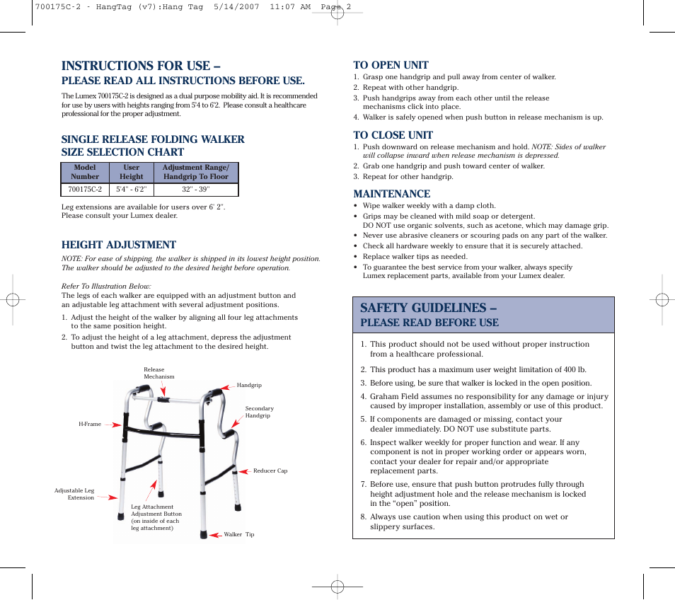 Instructions for use, Safety guidelines, Please read all instructions before use | Maintenance, Please read before use | Graham Field LUMEX 700175C-2 User Manual | Page 2 / 2