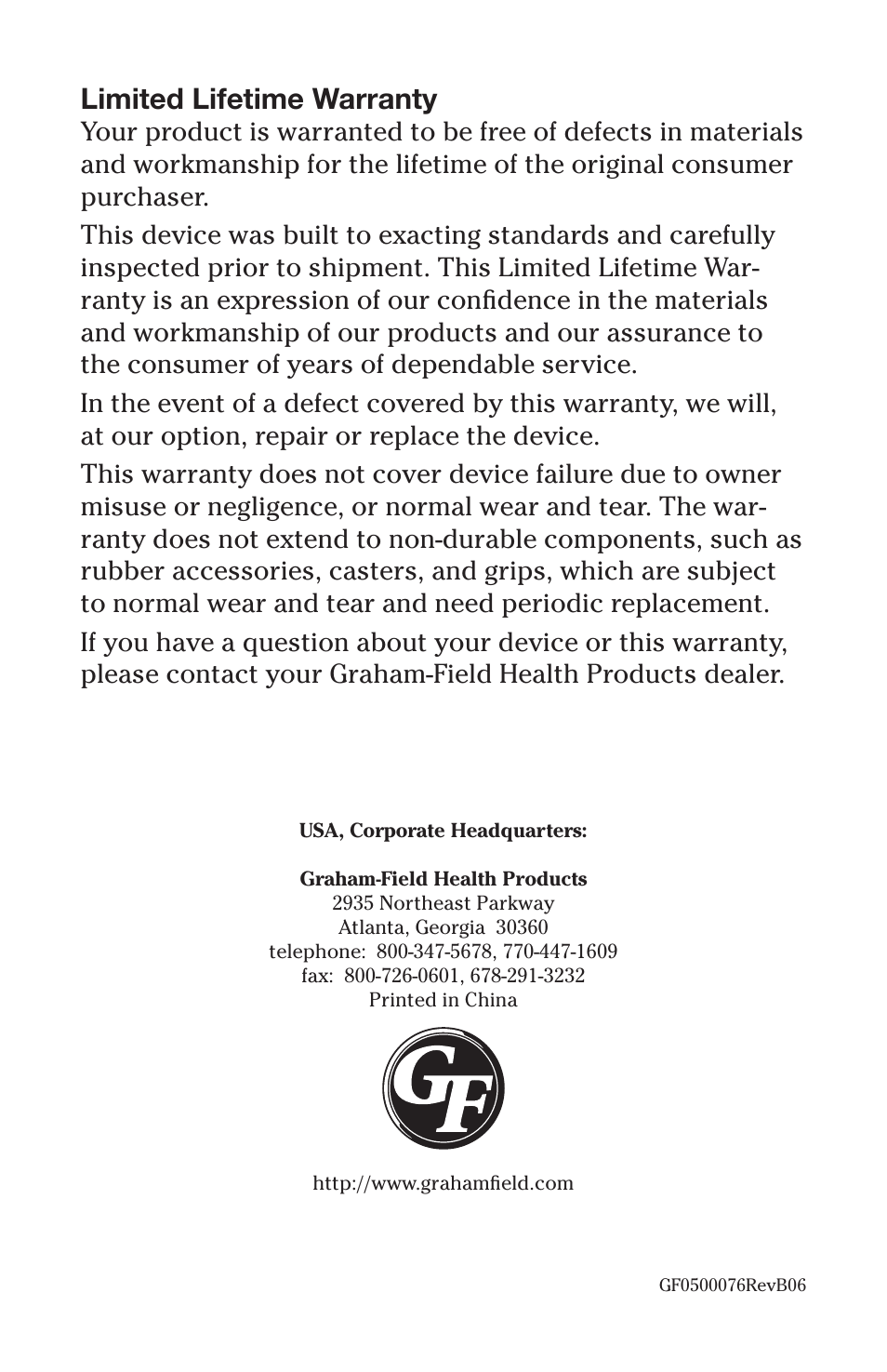Limited lifetime warranty | Graham Field JOHN BUNN JB0150-085 User Manual | Page 4 / 4