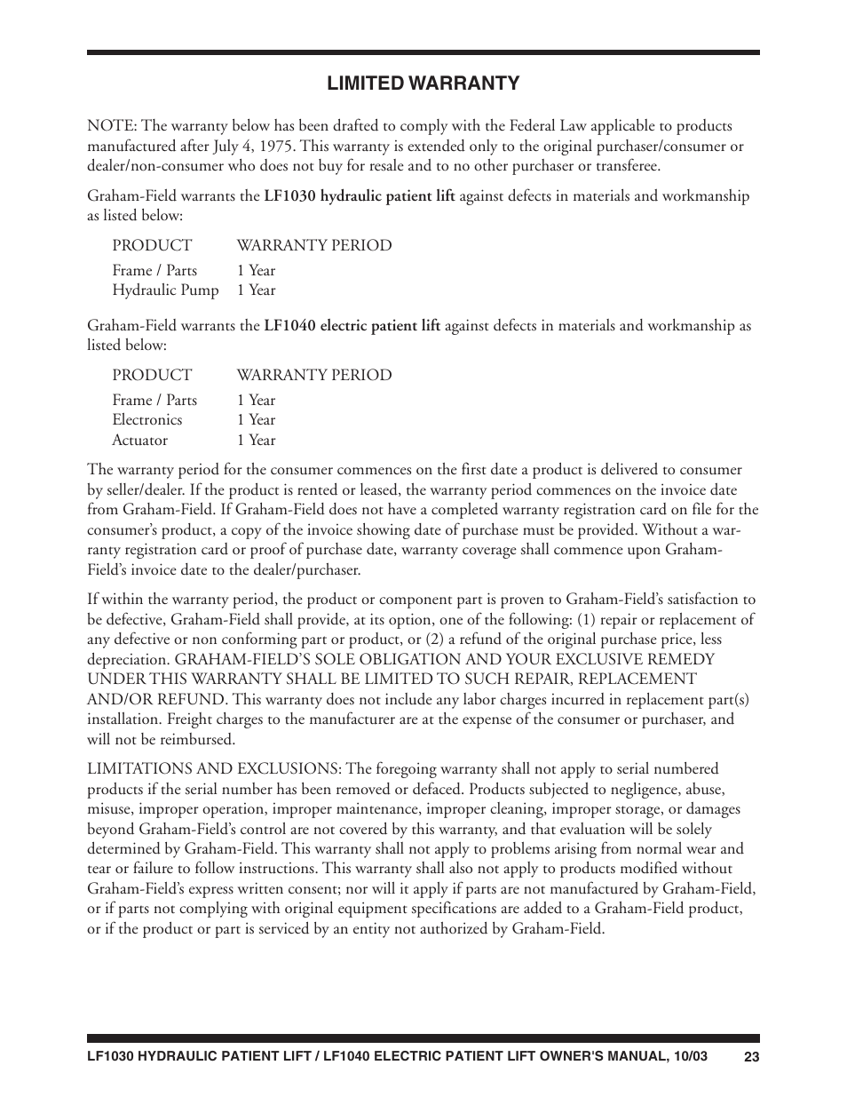 Graham Field LUMEX LF1040 User Manual | Page 23 / 28