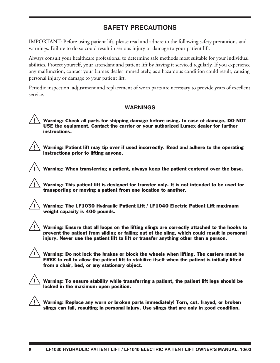 Safety precautions | Graham Field LUMEX LF1040 User Manual | Page 6 / 28