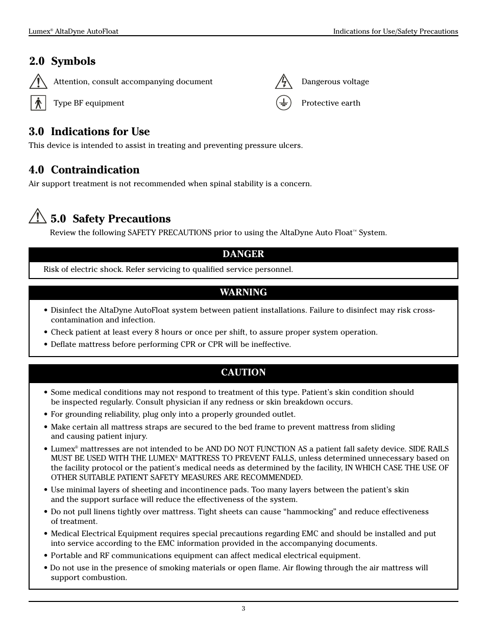 0 safety precautions, 0 symbols 3.0 indications for use, 0 contraindication | Graham Field ALTADYNE 753004 User Manual | Page 3 / 9