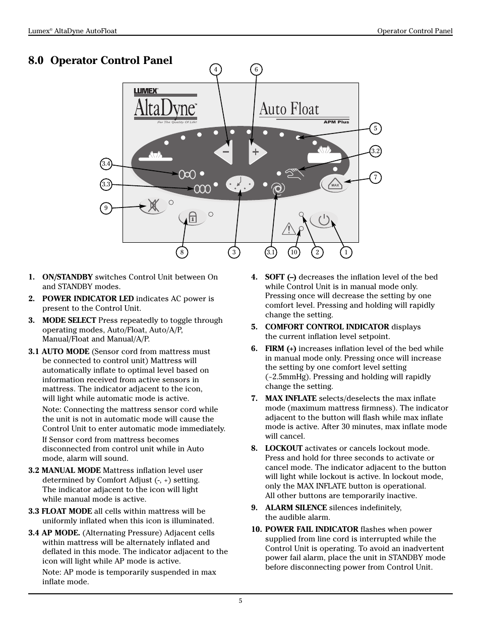 Auto float, 0 operator control panel | Graham Field ALTADYNE 753004 User Manual | Page 5 / 9