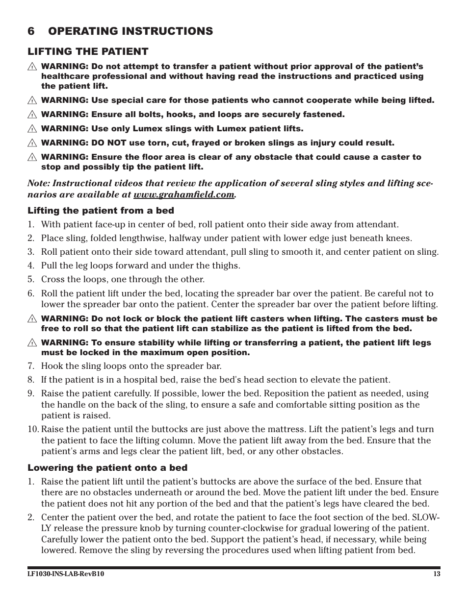 6 operating instructions, Lifting the patient | Graham Field LF1030 User Manual | Page 13 / 24