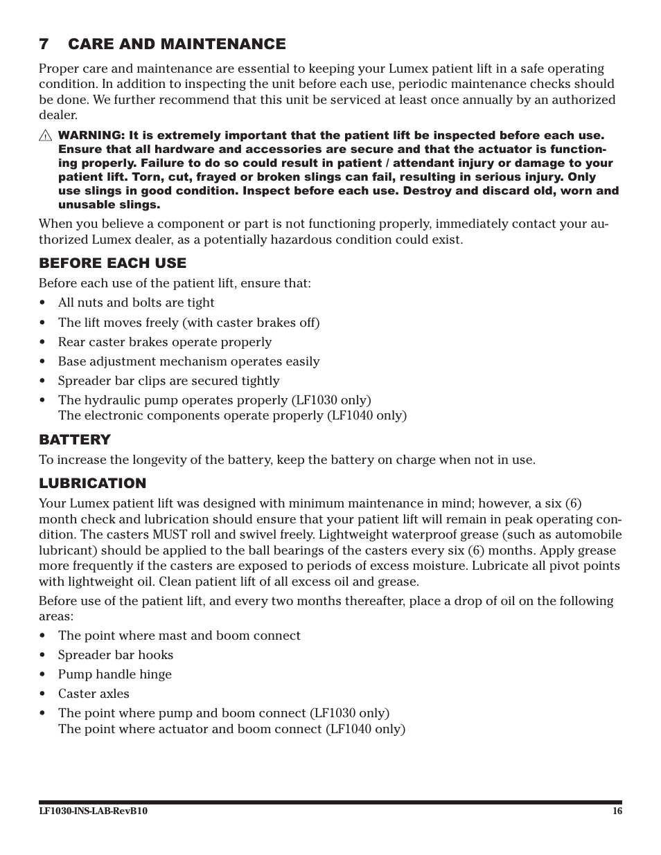 7 care and maintenance, Before each use, Battery | Lubrication | Graham Field LF1030 User Manual | Page 16 / 24