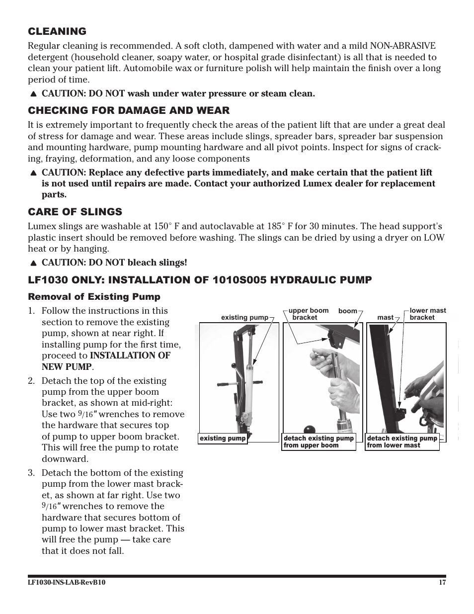 Cleaning, Checking for damage and wear, Care of slings | Graham Field LF1030 User Manual | Page 17 / 24