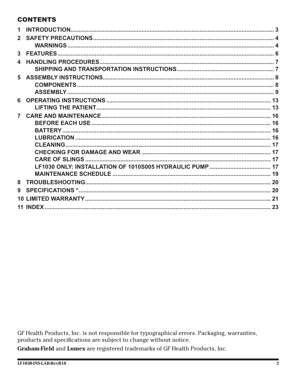 Graham Field LF1030 User Manual | Page 2 / 24