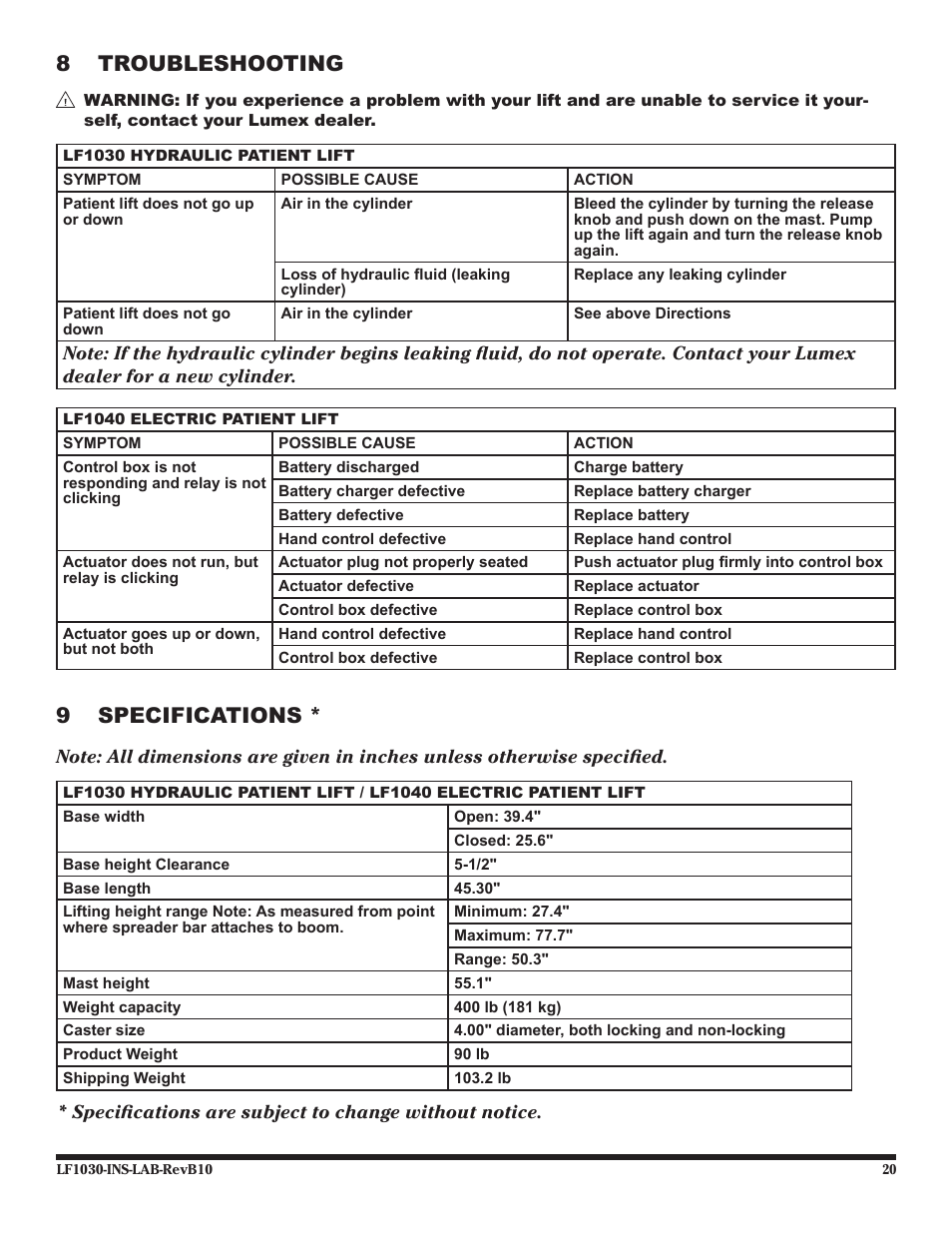 8 troubleshooting, 9 specifications | Graham Field LF1030 User Manual | Page 20 / 24