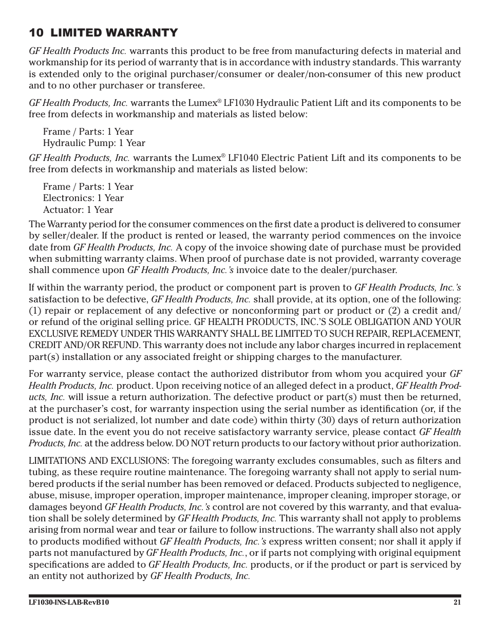 10 limited warranty | Graham Field LF1030 User Manual | Page 21 / 24