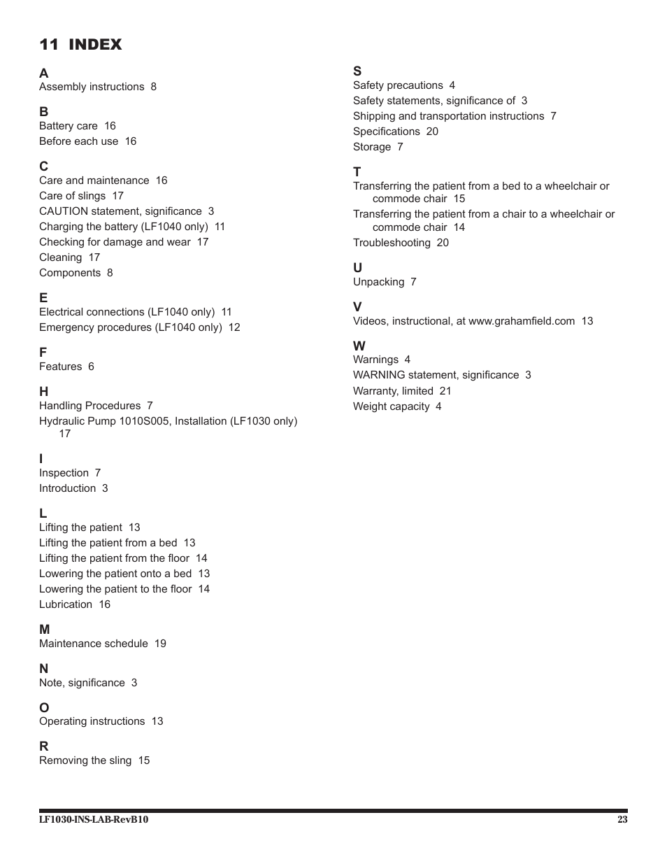 11 index | Graham Field LF1030 User Manual | Page 23 / 24