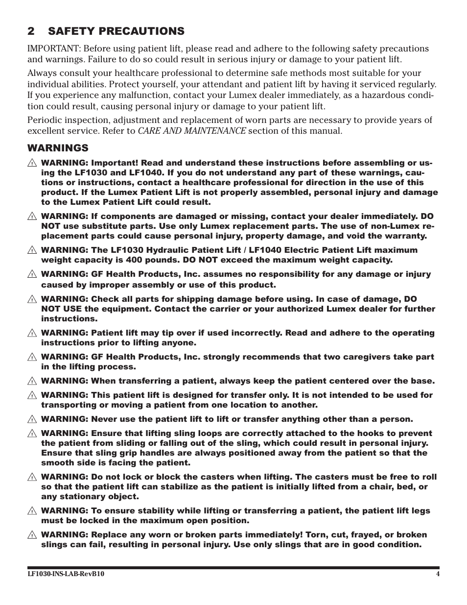 2 safety precautions, Warnings | Graham Field LF1030 User Manual | Page 4 / 24