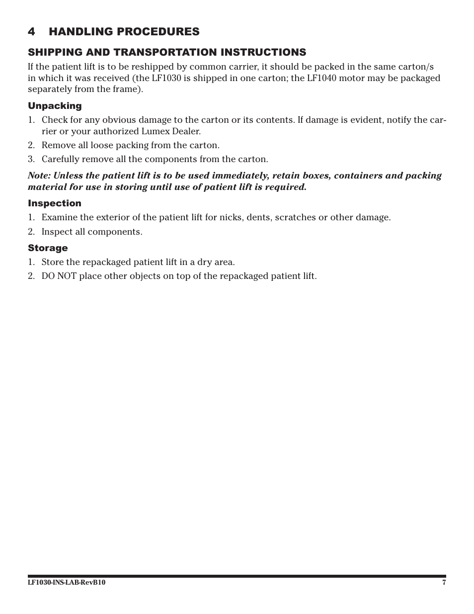 4 handling procedures, Shipping and transportation instructions | Graham Field LF1030 User Manual | Page 7 / 24