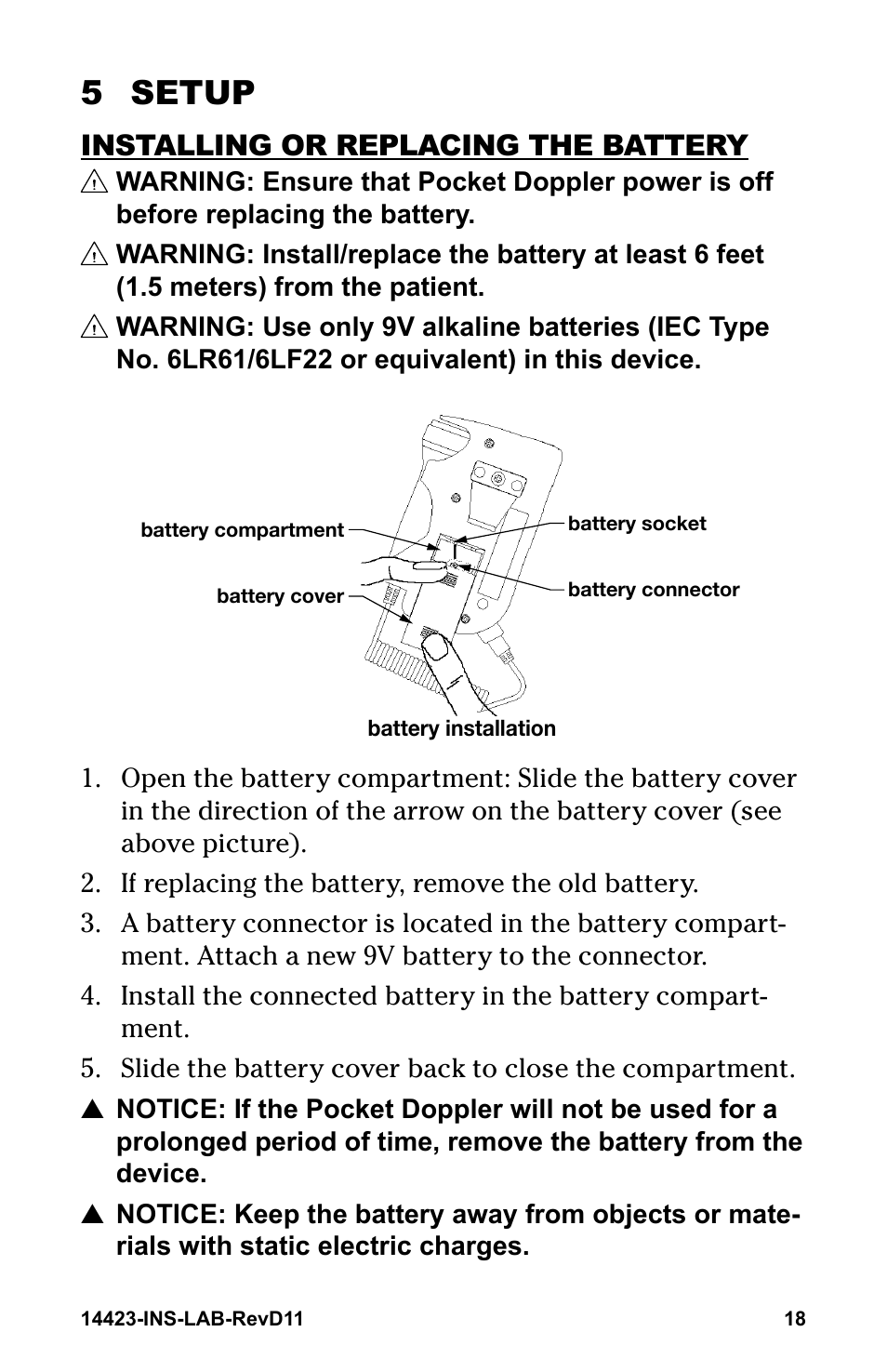 5 setup, Installing or replacing the battery | Graham Field GRAFCO 14423-8 User Manual | Page 18 / 44