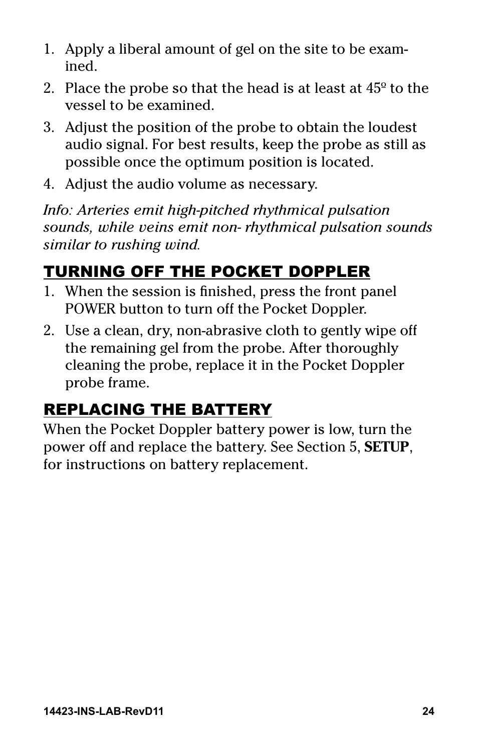 Turning off the pocket doppler, Replacing the battery | Graham Field GRAFCO 14423-8 User Manual | Page 24 / 44