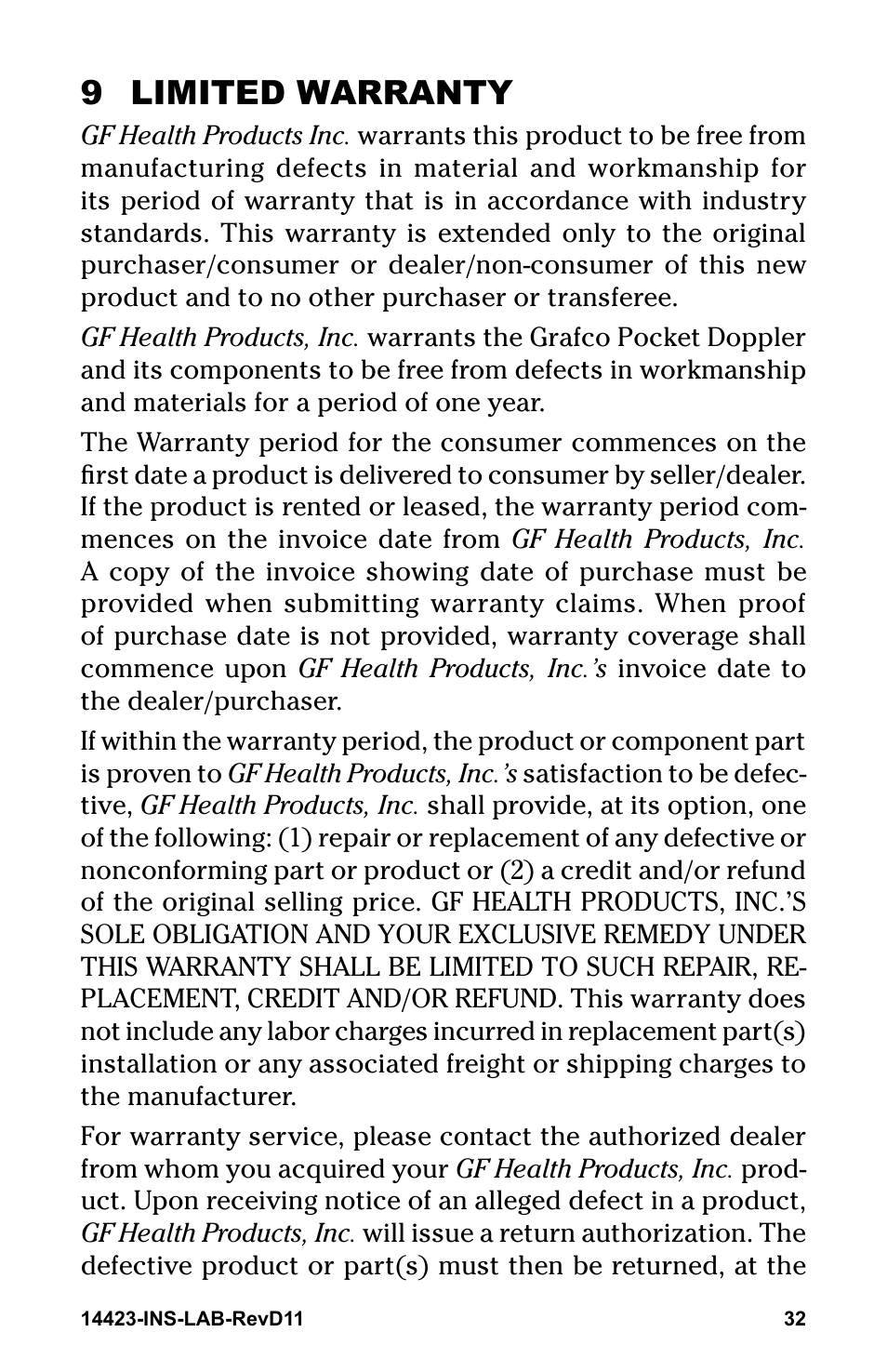 9 limited warranty | Graham Field GRAFCO 14423-8 User Manual | Page 32 / 44