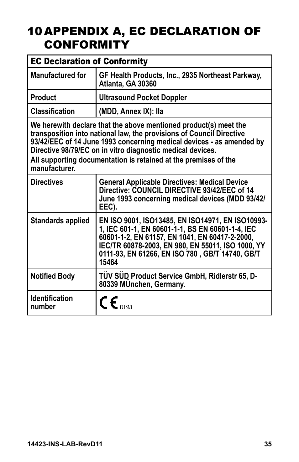 10 appendix a, ec declaration of conformity | Graham Field GRAFCO 14423-8 User Manual | Page 35 / 44