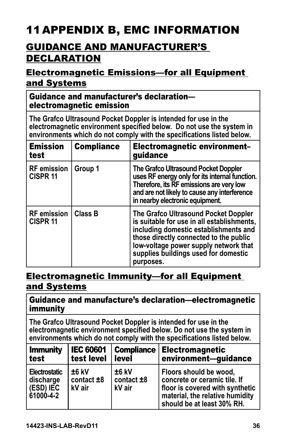 11 appendix b, emc information, Guidance and manufacturer’s declaration | Graham Field GRAFCO 14423-8 User Manual | Page 36 / 44