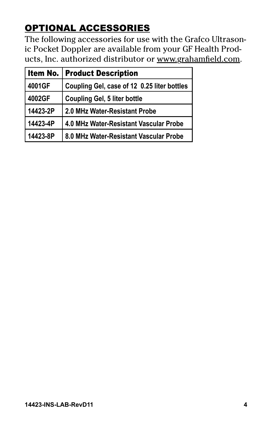 Optional accessories | Graham Field GRAFCO 14423-8 User Manual | Page 4 / 44
