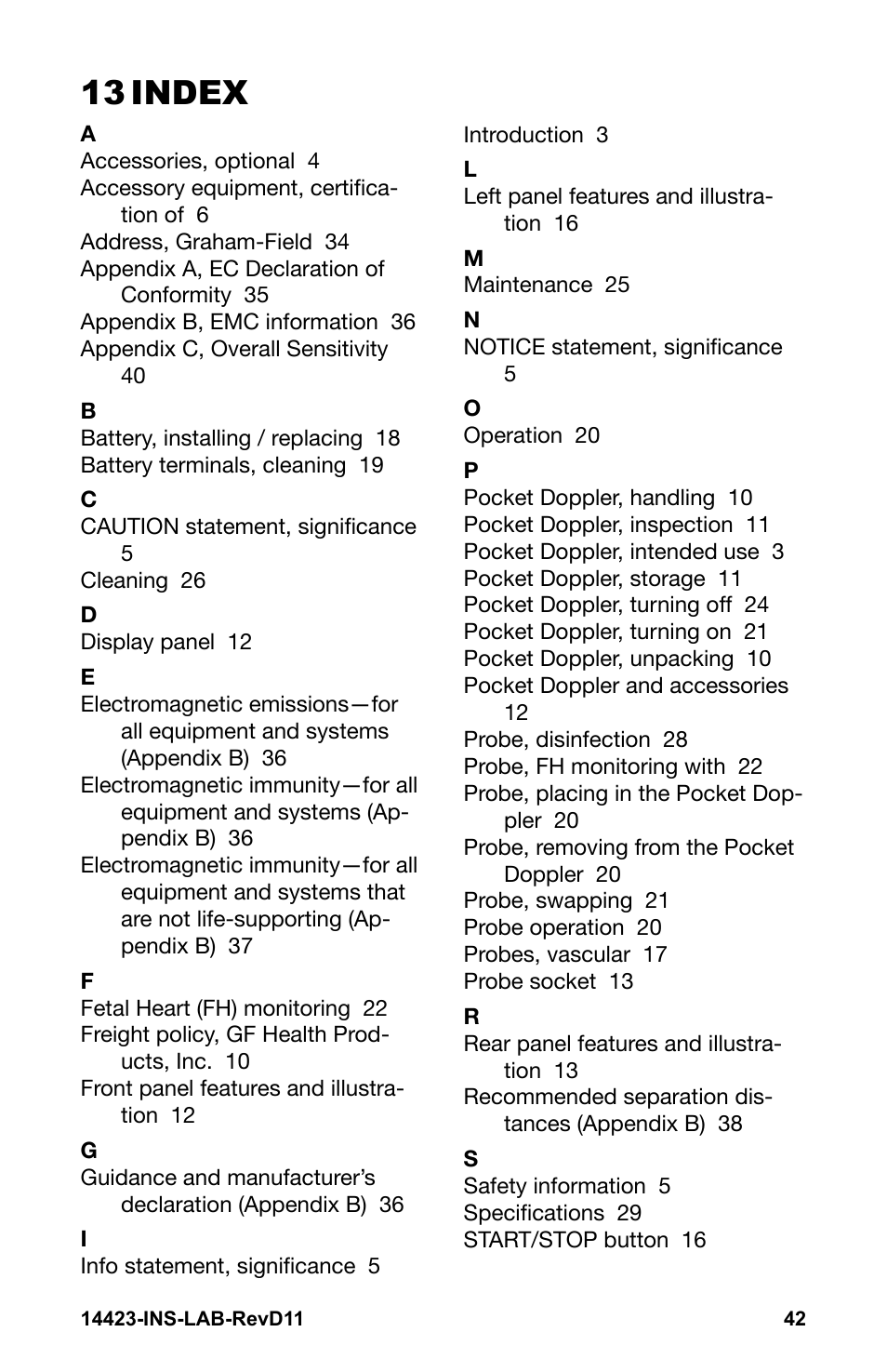 13 index | Graham Field GRAFCO 14423-8 User Manual | Page 42 / 44