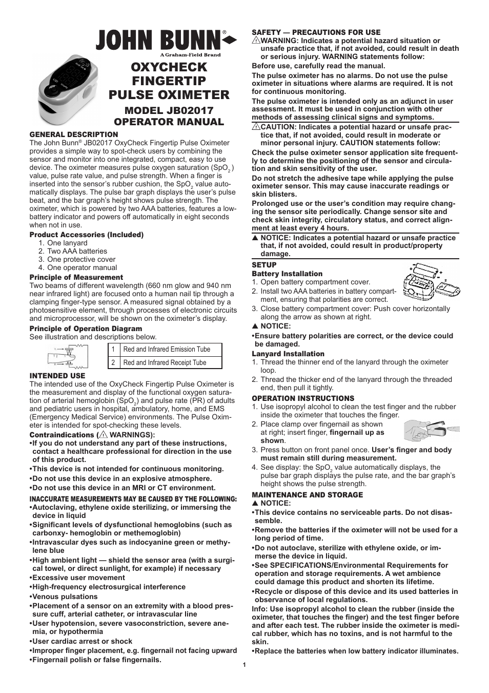 Graham Field OXYCHECK JB02017 User Manual | 2 pages