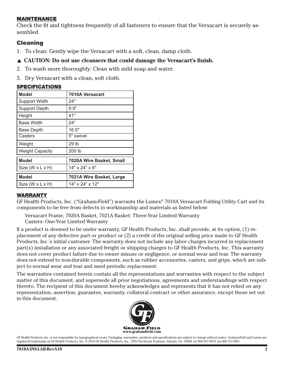 Graham Field LUMEX 7010A User Manual | Page 2 / 2