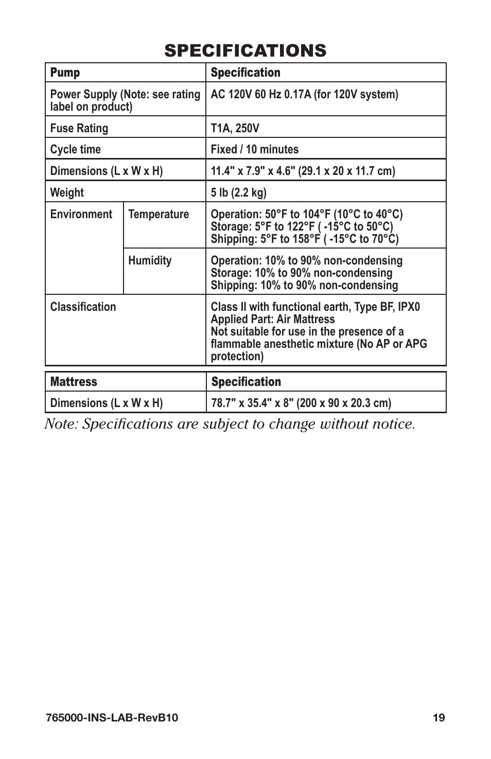 Specifications | Graham Field ALTADYNE 765000 User Manual | Page 19 / 24
