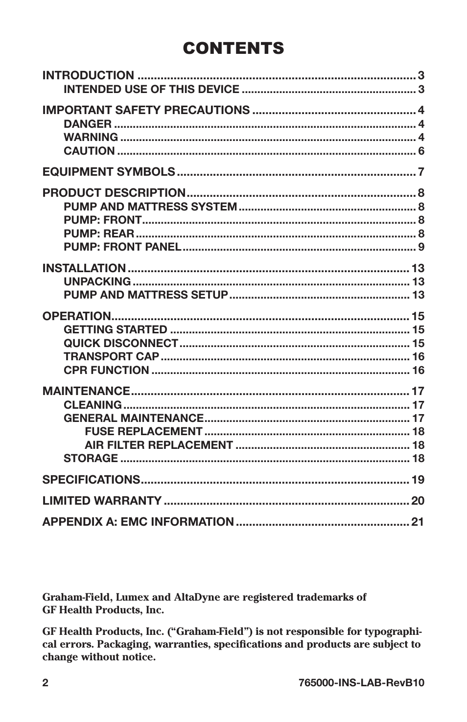 Graham Field ALTADYNE 765000 User Manual | Page 2 / 24