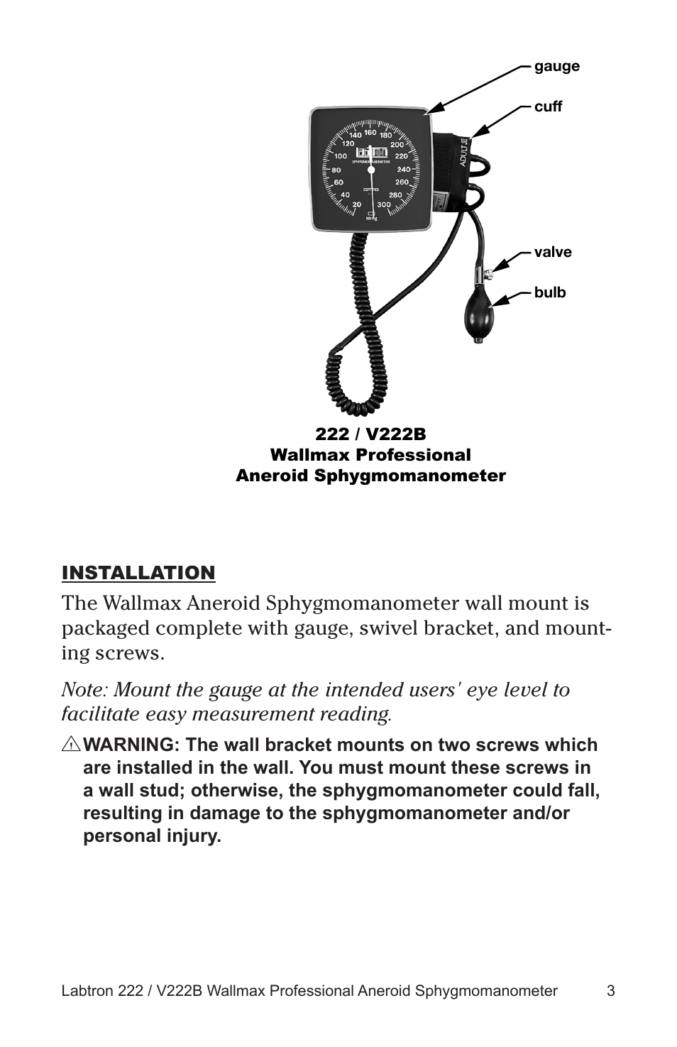 Installation | Graham Field WALLMAX 222 User Manual | Page 3 / 8