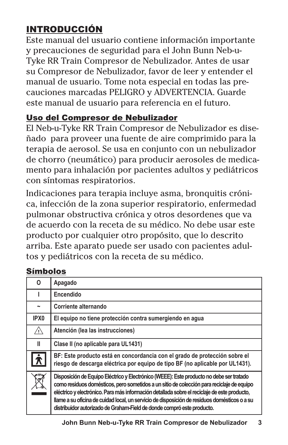 Uso del compresor de nebulizador, Símbolos | Graham Field NEB-U-TYKE JB0112-164 User Manual | Page 19 / 32