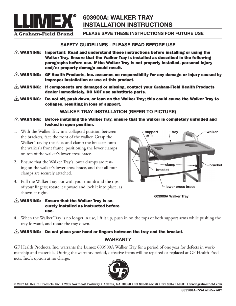 Graham Field WALKER TRAY 603900A User Manual | 2 pages