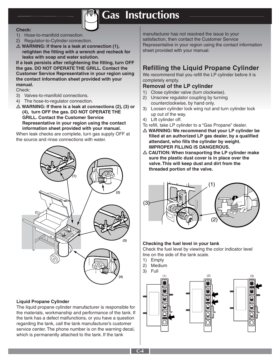 Gas instructions, Refilling the liquid propane cylinder | Genesis Advanced Technologies Genesis Silver A LP 55274 User Manual | Page 22 / 28