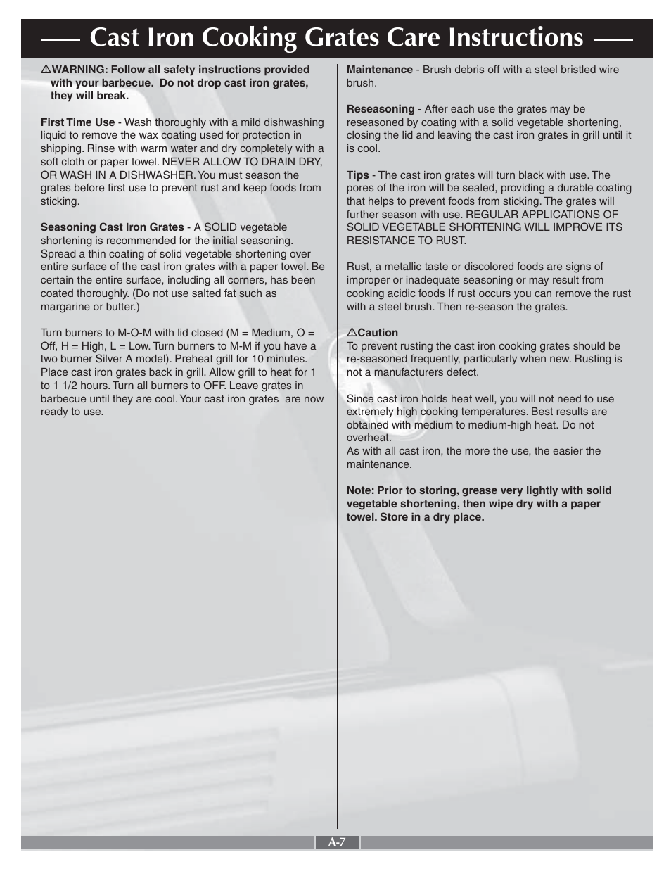 Cast iron cooking grates care instructions | Genesis Advanced Technologies Genesis Silver A LP 55274 User Manual | Page 7 / 28
