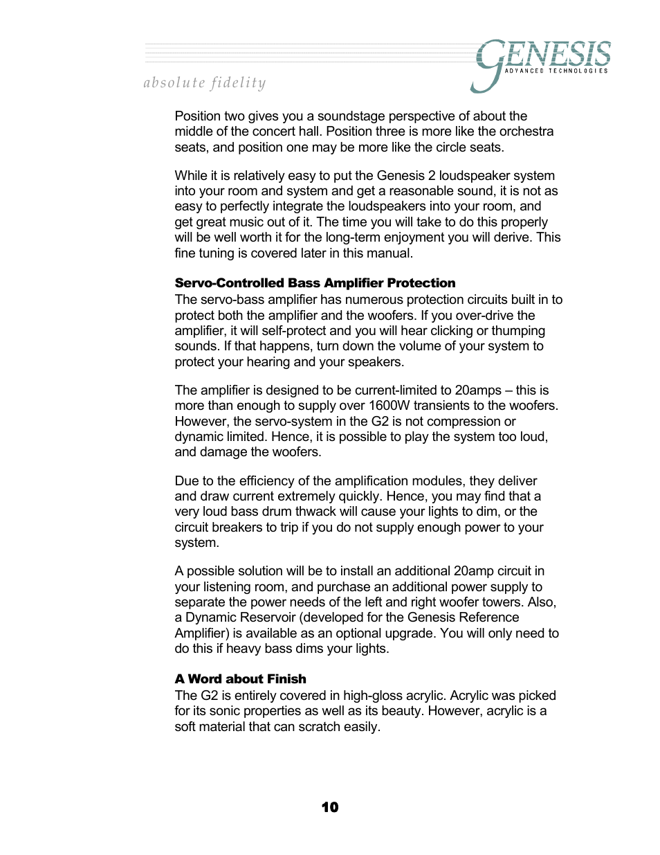 Servo-controlled bass amplifier protection, A word about finish, Ervo | Ontrolled, Mplifier, Rotection | Genesis Advanced Technologies G2.2 User Manual | Page 13 / 30