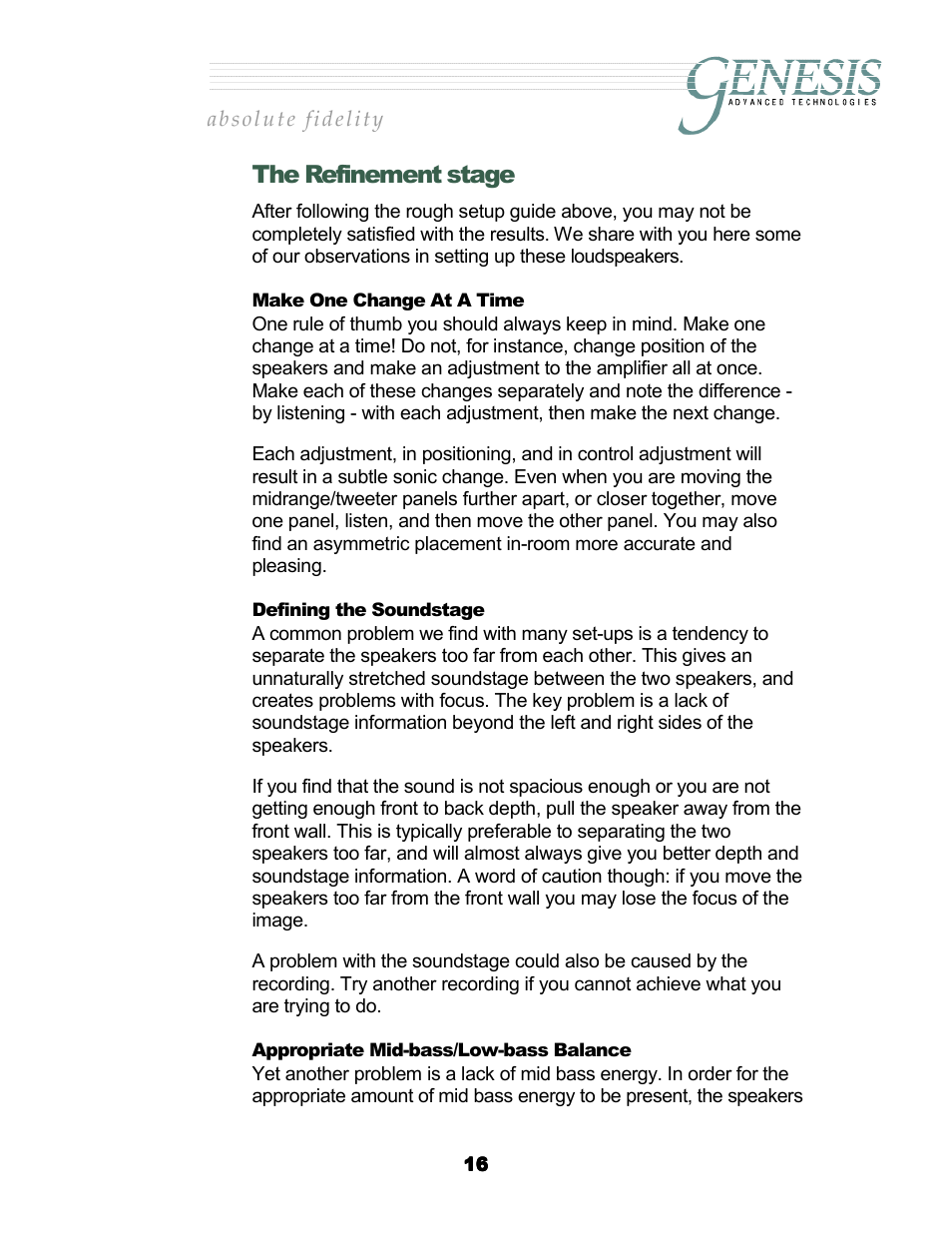 The refinement stage, Make one change at a time, Defining the soundstage | Appropriate mid-bass/low-bass balance, Hange, Efining the, Oundstage, Ppropriate, Bass, Alance | Genesis Advanced Technologies G2.2 User Manual | Page 19 / 30