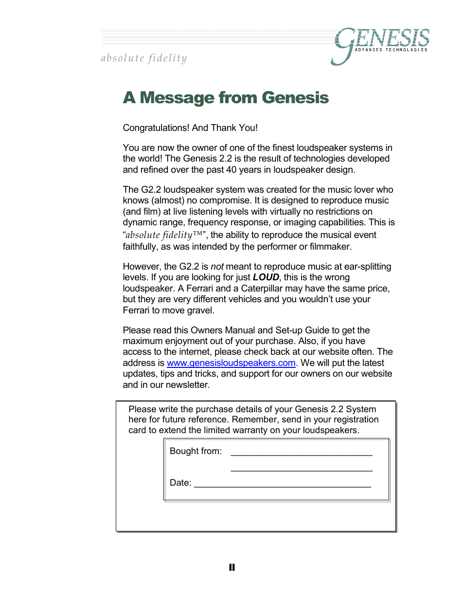 A message from genesis | Genesis Advanced Technologies G2.2 User Manual | Page 2 / 30