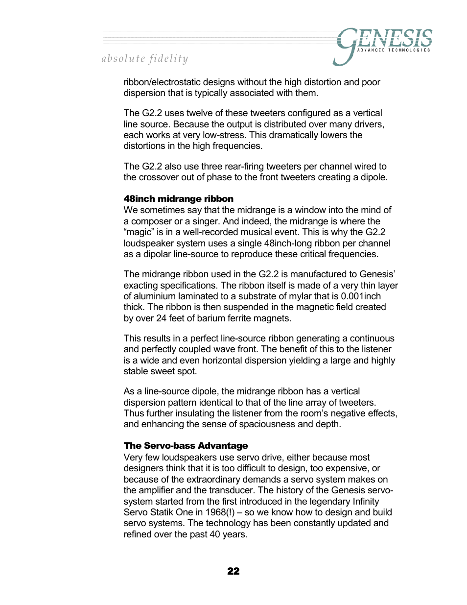 48inch midrange ribbon, The servo-bass advantage, Inch midrange ribbon | Ervo, Bass, Dvantage | Genesis Advanced Technologies G2.2 User Manual | Page 25 / 30