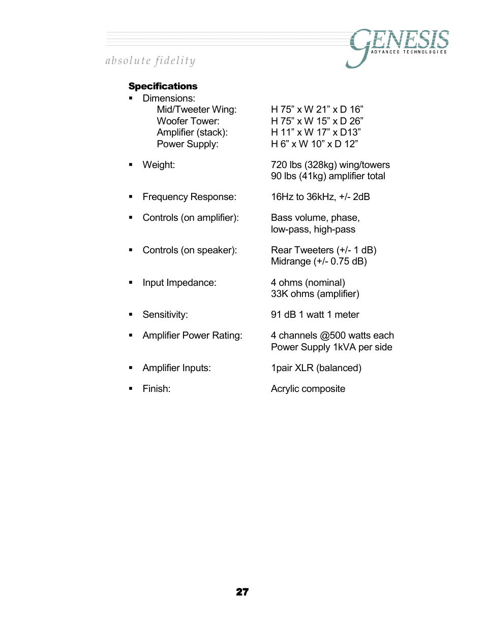 Specifications, Pecifications | Genesis Advanced Technologies G2.2 User Manual | Page 30 / 30