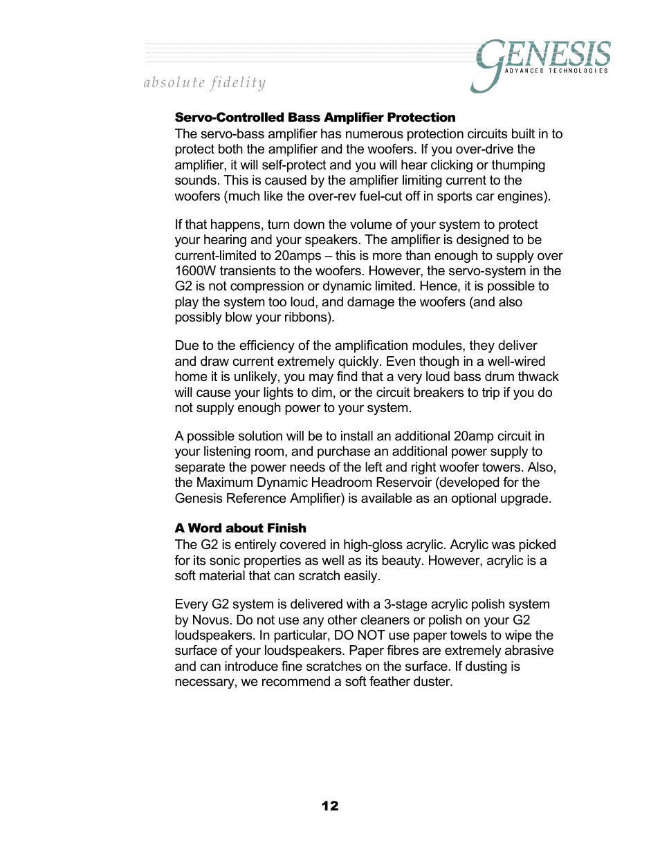 Servo-controlled bass amplifier protection, A word about finish, Ervo | Ontrolled, Mplifier, Rotection, Ord about, Inish | Genesis Advanced Technologies 2.2 User Manual | Page 16 / 33