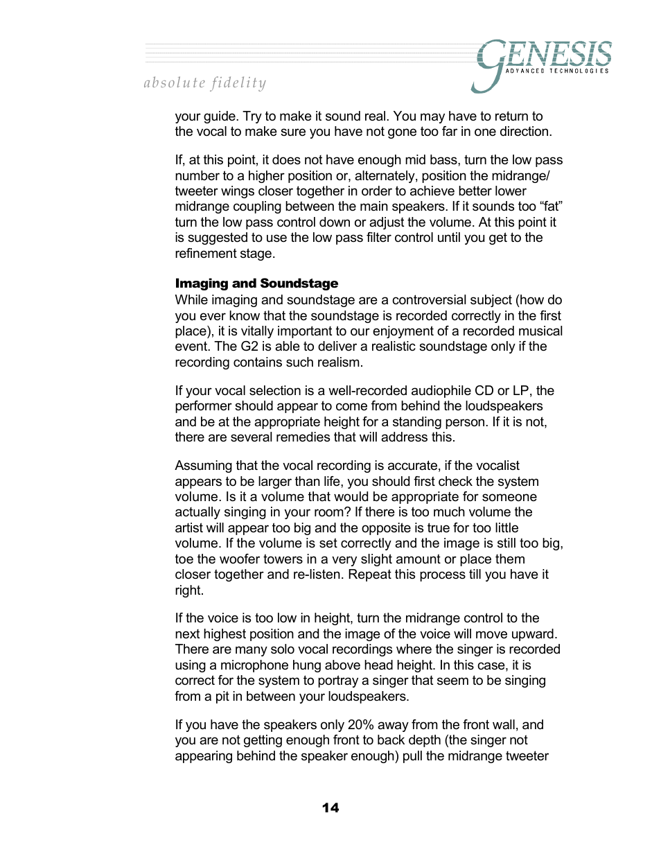 Imaging and soundstage, Maging and, Oundstage | Genesis Advanced Technologies 2.2 User Manual | Page 18 / 33