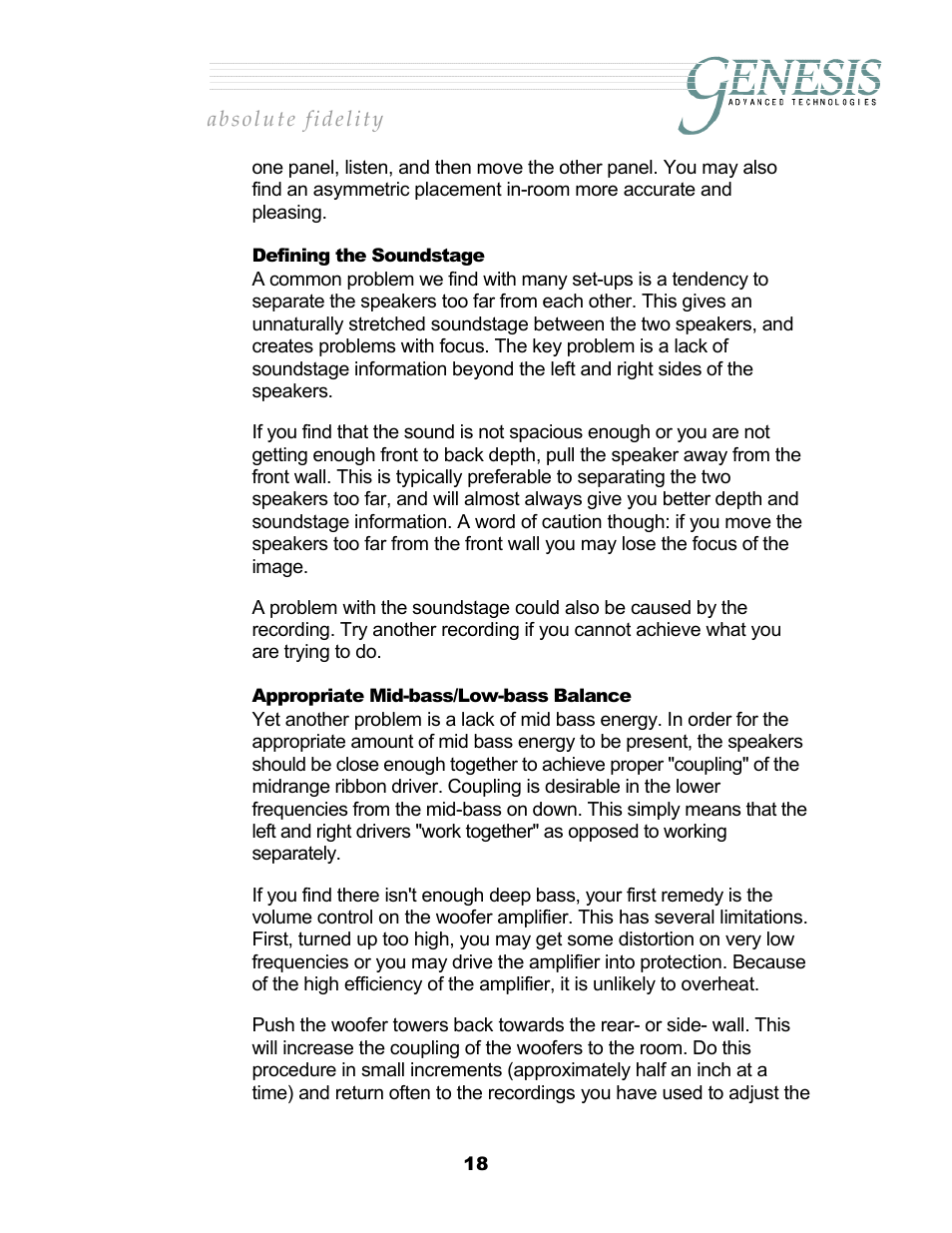 Defining the soundstage, Appropriate mid-bass/low-bass balance, Efining the | Oundstage, Ppropriate, Bass, Alance | Genesis Advanced Technologies 2.2 User Manual | Page 22 / 33