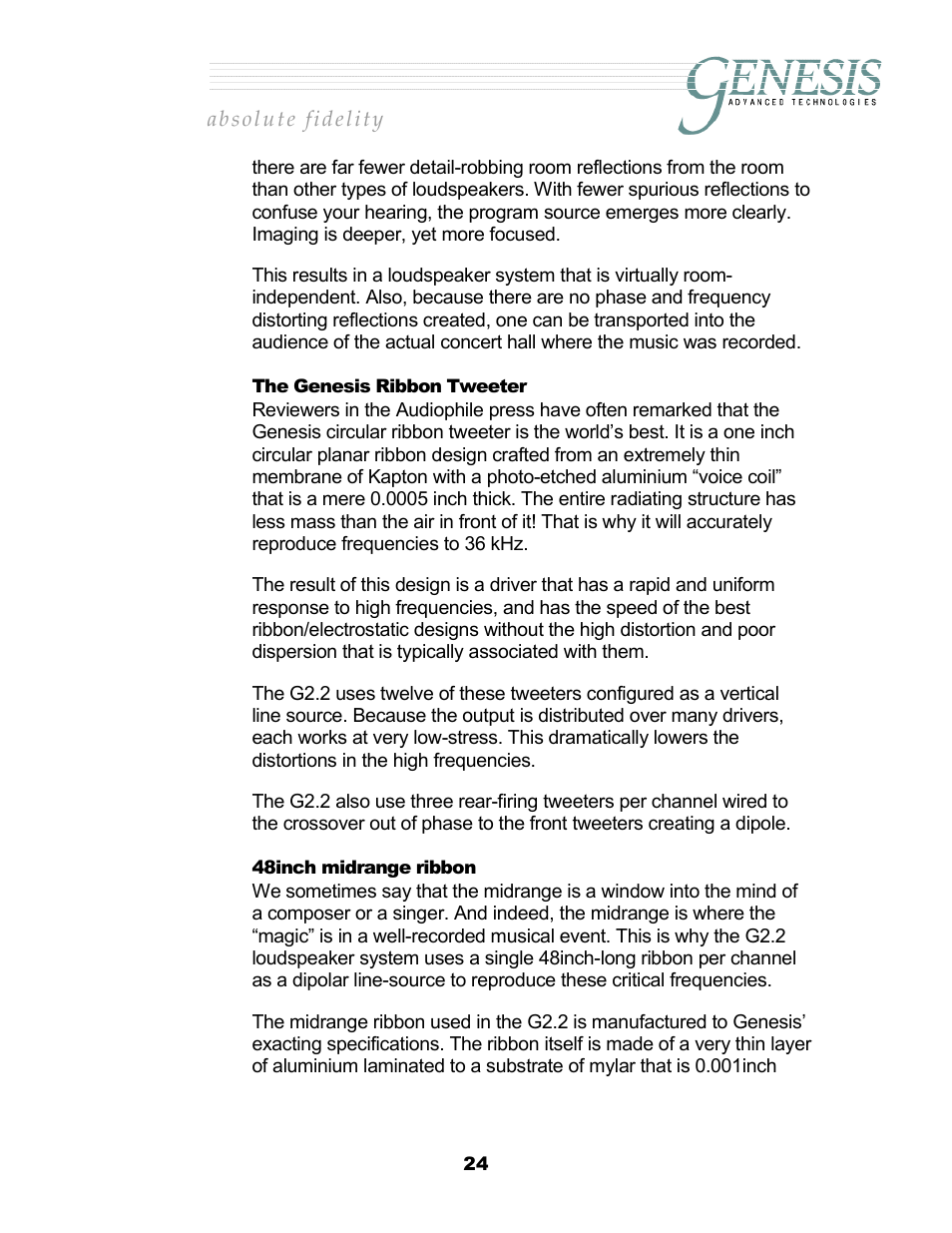 The genesis ribbon tweeter, 48inch midrange ribbon, Enesis | Ibbon, Weeter, Inch midrange ribbon | Genesis Advanced Technologies 2.2 User Manual | Page 28 / 33